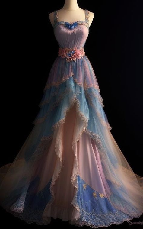 Cosmic Outfit Fashion, Pastel Rainbow Prom Dress, Fantasy Princess Outfit, Sunset Gown, Cosmic Fashion, Fairytale Wedding Dress, Corset Back Dress, Princess Dress Fairytale, Dramatic Dresses