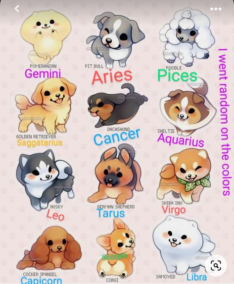 Zodiac Sign Cute Art, Zodiac Sign As Animal, Zodiac Signs As Animals, Zodiac Dogs, Zodiac Signs As Animals Drawing, Zodiac Signs As Dog Breeds, Zodiac Signs As Dogs, Kawaii Zodiac Signs, Zodia Pești