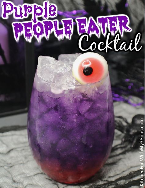 Purple People Eater Cocktail is a sweet and slightly tart mix of alcohols with a vibrant purple hue and decorated just in time for Halloween. #drinks #recipes #halloween How To Make Purple, Blueberry Margarita, Pumpkin Poke Cake, Chewy Toffee, Shooter Recipes, Purple People Eater, Purple Cocktails, Purple People, People Eater