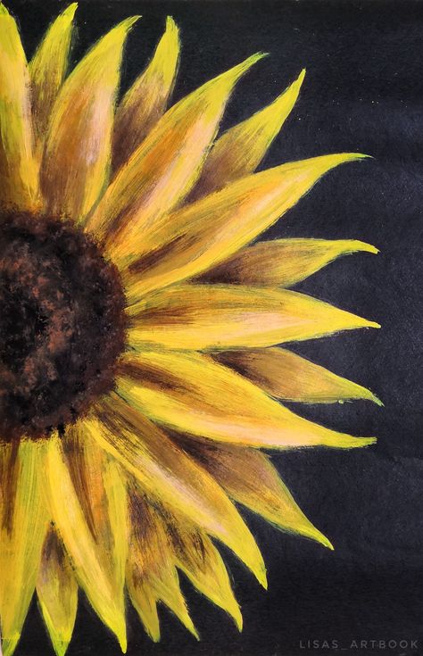 Flower Painting Sunflower, Sunflower On Black Canvas, Soft Pastel On Black Paper, How To Paint A Sunflower, Acrylic Painting With Black Background, Flowers On Black Background Painting, Shading Sketches, Oil Pastel On Black Paper, Painting On Black Background