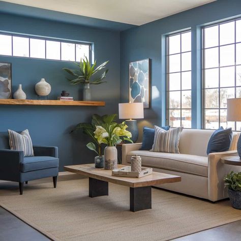 38+ Blue Wall Ideas to Transform Your Home Sanctuary - ostrali.com Living Room Blue Accent Wall, Blue Wall Ideas, Blue Living Room Walls, Blue Accent Wall Living Room, Blue Paint Living Room, Blue Living Room Color, Blue Accent Wall, Dark Oak Flooring, Blue Home Offices