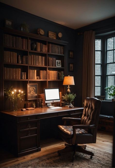 20 Small Moody Office Ideas That Boost Creativity and Focus Small Moody Study, Small Library With Desk, Dark Neutral Office, Light Academia Aesthetic Home Office, Moody Vintage Home Office, Dark Academia Small Office, Professor Office Aesthetic, Dark Cozy Office, Light Academia Home Office