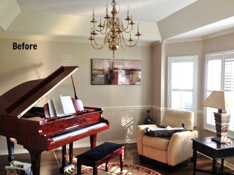 before Cozy Piano Room, Living Room Decor With Piano, Small Piano Room, Upstairs Interior, Grand Piano Decor, Piano Area, Piano Room Design, Grand Piano Living Room, Piano Rooms