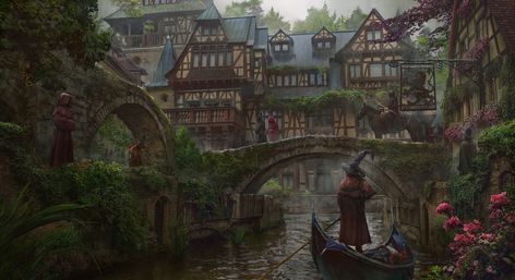 ArtStation - Canal Town, Eddie Mendoza Eddie Mendoza, Art Cyberpunk, Fantasy Town, New Fantasy, Fantasy City, Fantasy Setting, Fantasy Places, Medieval Town, 판타지 아트