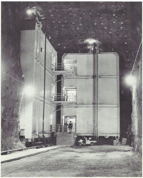 Caption: "These are two of the eleven buildings in the NORAD complex. While it possible to pass from one building to another through vestibules, the structures do not touch one another, nor do they touch the ceilings or walls of their granite cave. All the buildings are mounted on huge steel springs to protect the people and electronic equipment from shock waves." Cheyenne Mountain, Fallout Shelter, Shock Wave, Underground Cities, Future Soldier, Concrete Structure, American History, Colorado, Architecture