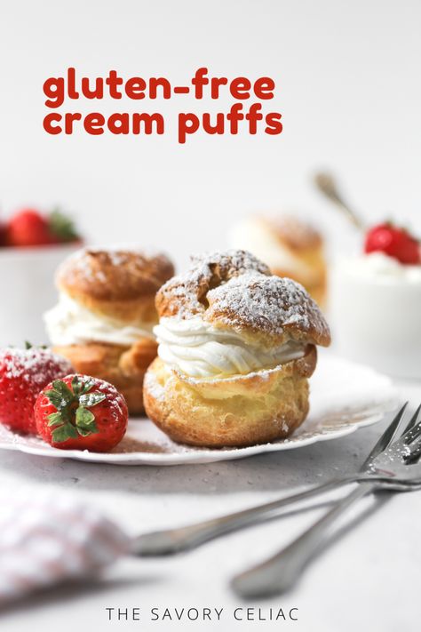 Your family and friends will love you for making these cream puffs for them. We start with a versatile pastry and fill them with fluffy and perfectly sweet whipped cream. These gluten-free cream puffs are a sweet treat for either dessert or a special breakfast! #glutenfreecreampuffs #glutenfreepastry #glutenfreesweets #caputofioreglut #glutenfreebaking Gluten Free Cream Puffs Recipes, Mama Gourmand, Gluten Free Cream Puffs, Gf Pastry, Cream Puffs Recipe, Cream Puffs Easy, Whipped Cream Filling, Gf Food, Cream Puff Recipe