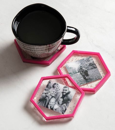 How To Make Resin Photo Coasters Online | JOANN Resin Photo Coasters, Coasters Diy, Resin Photo, How To Make Resin, Resin Crafts Tutorial, Photo Coasters, Viking Sewing, Family Diy, Diy Coasters