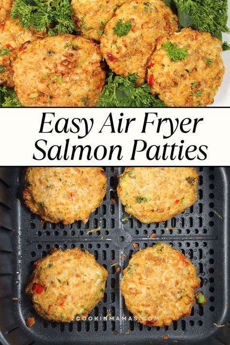 Easy Air Fryer Salmon Patties are the answer to quick weeknight dinners. Whip 'em up with canned salmon, throw in some basic stuff from your pantry, and voila! Crispy on the outside, juicy on the inside, with only 15 minutes of prep and 8 minutes to cook! Serve it on a bun or toss it over a salad for that extra protein punch. #healthyairfryersalmon Air Fryer Salmon Patties, Easy Air Fryer Salmon, Air Fried Salmon, Air Fryer Recipes Salmon, Fried Salmon Patties, Fish Patties, Air Fryer Fish Recipes, Canned Salmon Recipes, New Air Fryer Recipes