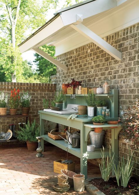 Courtyard Potting Bench Apaneca, Potting Bench Ideas, Potting Bench Plans, Garden Bench Plans, Outdoor Potting Bench, Shed With Porch, Potting Tables, Potting Table, Outdoor Sinks