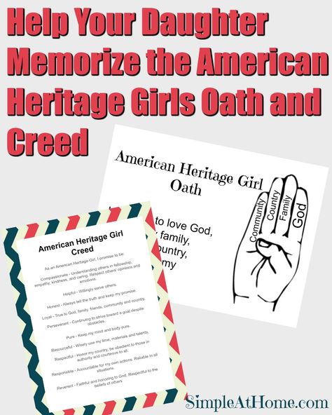 A Free printable and easy trick to help your daughter remeber the American Heritage Girls oath and creed American Heritage Girls Pathfinders, American Heritage Girls Tenderheart, American Heritage Girls Badge, American Heritage Girls Ahg, Ahg Badge, Unit Studies Homeschool, American Heritage Girls, Living Paycheck To Paycheck, Activities For Girls