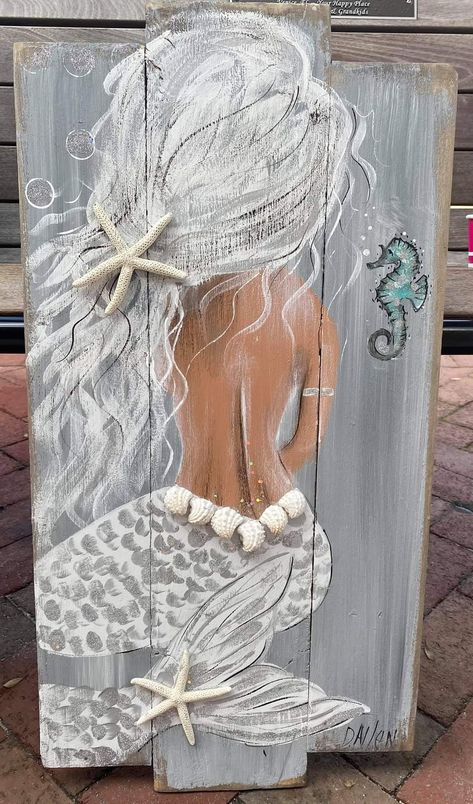 Painting Ideas On Wood Canvas, Shells Painting Canvas, Nautical Canvas Painting Diy, Mermaid Painting On Wood, Mermaid On Wood Painting, Bathroom Art Ideas Paintings Pictures, Acrylic Painting Mermaid, Seashell Mermaid Wall Art, Painting Ideas On Canvas For Bathroom