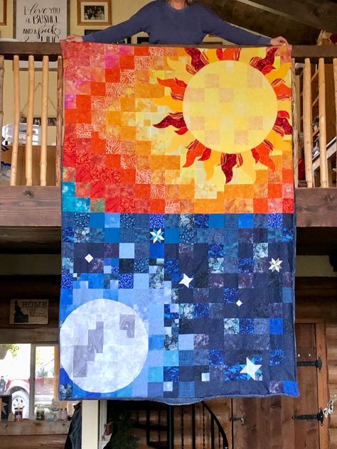 Sun Moon And Stars Quilt Pattern, Sun Moon Quilt, Space Quilts Ideas, Moon Quilt Block, Sun Quilt Pattern, Space Quilt Pattern, Galaxy Quilts, Sun Quilt Block, Solar System Quilt