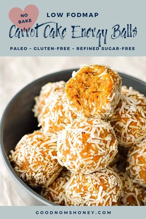 These low FODMAP Carrot Cake Energy Balls make an easy, protein-rich, no-bake snack or dessert. In addition to being low FODMAP, they’re also Paleo, gluten-free, grain-free, and refined-sugar free. #goodnomshoney #lowfodmap #energyballs #proteinballs #blissballs #energybites #carrotcake #paleo #glutenfree #refinedsugarfree #snack #dessert Low Fodmap Keto, Carrot Cake Protein Balls, Low Fodmap Desserts, Vegan Fodmap, Fodmap Protein, Cake Protein Balls, Carrot Cake Energy Balls, Carrot Cake Protein, 2023 Meals