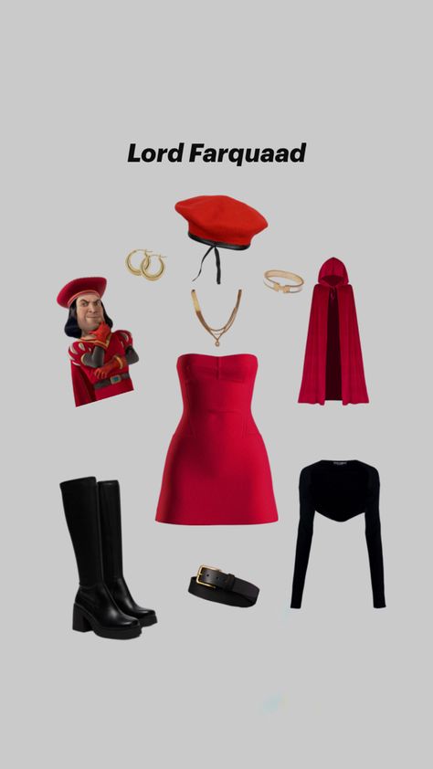 red dress, black boots, red cape, black belt, gold jewelry, easy last minute costumes for Halloween, funny Shrek Lord Farquaad, Easy Last Minute Halloween Costume, Halloween Costumes For Brunettes, Easy Halloween Outfit, Shrek Costume, Lord Farquaad, Last Minute Halloween Costume, Classy Halloween Costumes, Matching Halloween Costumes