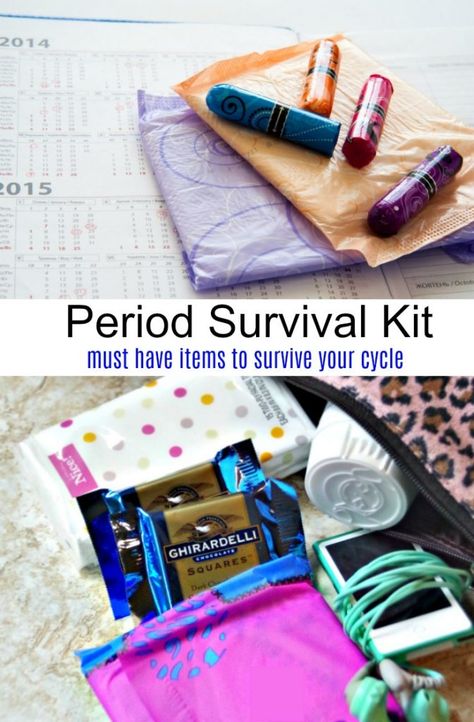 Want to know how to survive your period? Make this Period Survival Kit for all your physical and emotional needs during menstruation! Period Must Haves, Period Survival Kit, Survival Basket, Period Starter Kit, Emergency Kit For Girls, Period Supplies, Period Box, Portable Heating Pad, First Period Kits