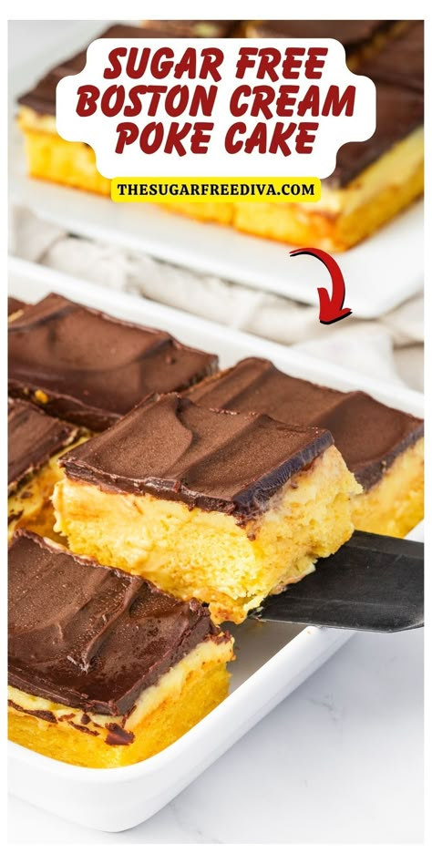 Sugar Free Boston Cream  Poke Cake, a simple and delicious dessert recipe made with cake mix,  pudding, chocolate ganache, and no added sugar.     Read more at: https://sfdiva.co/3Unzwv4  #sugarfree #sugarfreedessert #sugarfreecake #diabeticdessert #diabeticrecipe #bostoncream Healthy Poke Cake, Sugar Free Poke Cake, Zero Sugar Cake Mix Recipes, Sugar Free Cake Mix Recipes, Boston Cream Poke Cake Recipe, Low Sugar Cake, Sugar Free Baking Recipes, Ww Dessert Recipes, Sugar Free Cake Recipes