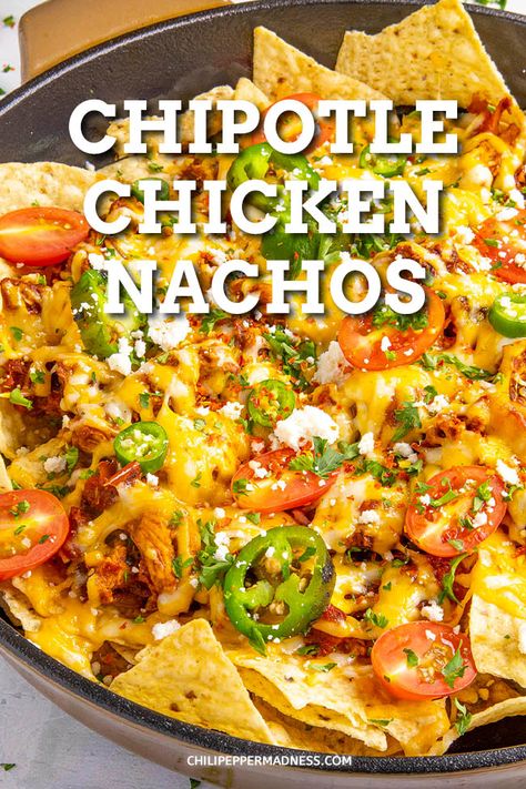 Chipotle Chicken Nachos, Mexican Chicken Tinga, Party Nachos, Spicy Mexican Chicken, Spicy Chipotle Chicken, Chicken Tinga Recipe, Nachos Ingredients, Chicken Nachos Recipe, Chicken Tinga