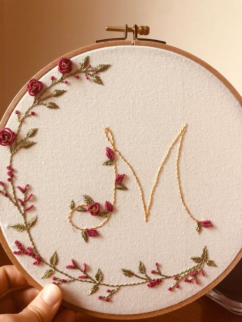 M Letter Embroidery Design, Initial Hand Embroidery, M Embroidery Letter, Embroidery Gifts For Him, Embroidery For Wedding, Hand Embroidery Letters, Embroidery Lettering, Crafts Homemade, Embroidery Stitches Beginner