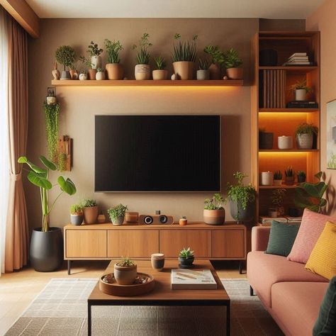 Comfort Living Room Ideas, Small Living Room Tv Console, Small Tv Area Ideas Living Room, Big Tv In Small Living Room, Corner Tv Room Layout, Shelving Beside Tv, Bowling Alley Living Room Layout, Cosy Small House, Tv Boho Living Room