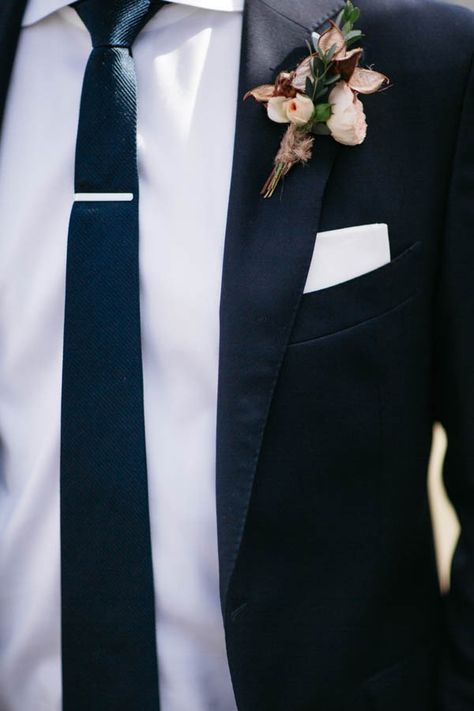 Navy suit, white shirt, skinny tie | Dan Stewart Photography Dark Navy Groomsmen, Navy On Navy Suit, Navy Suit Navy Tie, Black Suit Navy Tie, Navy Suit Boutonniere, Dark Navy Wedding Suit, Groom Navy Blue Suit Ivory Tie, Dark Navy Groomsmen Suits, Classic Groom Tie With Pocket Square