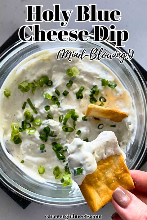 OMG, this homemade blue cheese dip recipe is the best spread you'll ever taste!! Serve it with chips, crackers, veggies, buffalo chicken (hot) wings, or a dipping sauce for steak. It is the best blue cheese dip because it contains fresh ingredients and Greek yogurt. Allow it to chill in the fridge for a few hours, and because it contains dairy. It's easy and kind of healthy. This blue cheese recipe is also a great salad dressing just like they serve at steakhouses. No cream cheese is needed. No Cheese Dip Recipes, Blue Cheese Dip For Chips, Dipping Sauce For Steak, Pretzel Dips, Chicken Hot Wings, Green Olive Dip, Blue Cheese Appetizers, Game Day Dips, Blue Cheese Dip Recipe