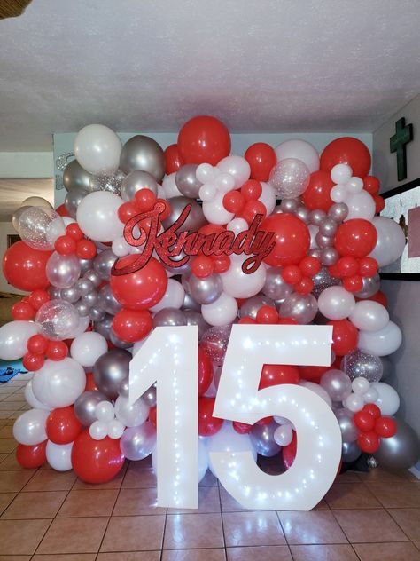 Red White And Silver Backdrop, Red White Silver Party Theme, Red And Silver Party Theme, Red And Silver Birthday Decorations, White And Silver Birthday Decorations, Red And Silver Decorations, Silver Balloon Wall, White And Silver Birthday, Red Balloon Wall