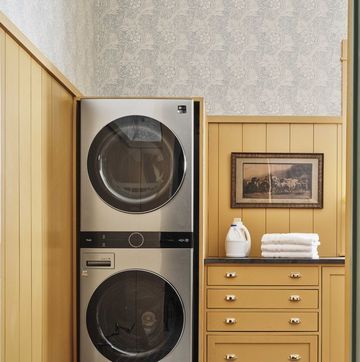 Yellow Laundry, Yellow Laundry Rooms, Dog Washing Station, Small Laundry Rooms, Small Laundry Room, Small Laundry, Brick Flooring, Laundry Room Design, Laundry Rooms