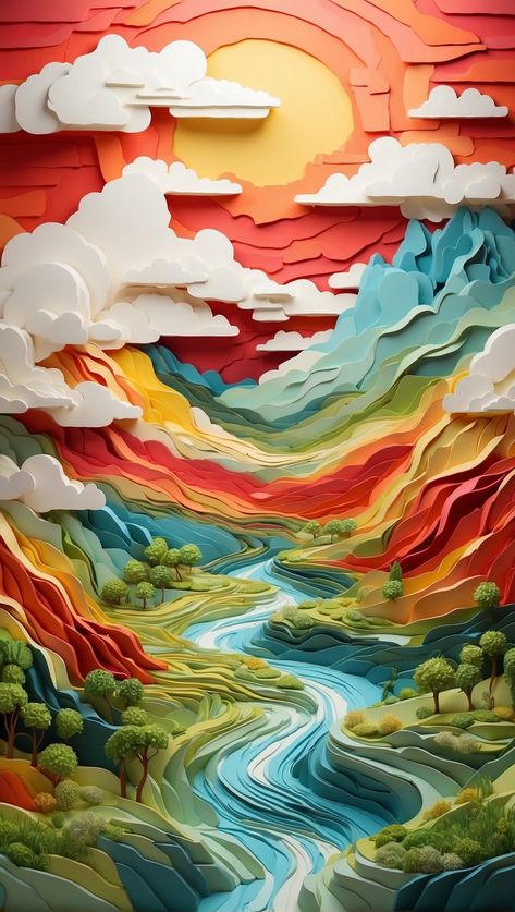 "Harmony Bask in the warmth of a paper-crafted sunset where vibrant, flowing landscapes cascade into a serene river. The colors of nature blend in perfect harmony, offering a peaceful retreat for the eyes and soul. Embrace a moment of creative bliss #midjourney #ia #wallart #wallpaper #digitalart #carvingthevibrant #carve #carving #wood @aestheticskylightcity @mysticpeakdraw @carvethevibrant @mistermintdrop @retrosynthlife @estampthelandscape Harmony Art Design, Background Design Landscape, Abstract Nature Art, Harmony Art, Sea Artwork, Colors Of Nature, Abstract Wallpaper Backgrounds, Carving Wood, Abstract Art Wallpaper