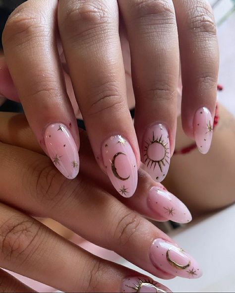 Pink Celestial Nails, Spiritual Nails Acrylic, Pink Moon Nails, Sheer Nail Designs, Leo Season Nails, Spiritual Nails Designs, Evil Eye Manicure, Lunar Nails, Sun And Moon Nails