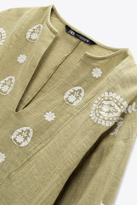 EMBROIDERED OVERSIZED BLOUSE - Light khaki | ZARA United States Zara Embroidery, Embroidered Tops, Oversized Blouse, Embroidered Clothes, Collar Blouse, Embroidery Details, Embroidered Blouse, Embroidered Top, Zara United States