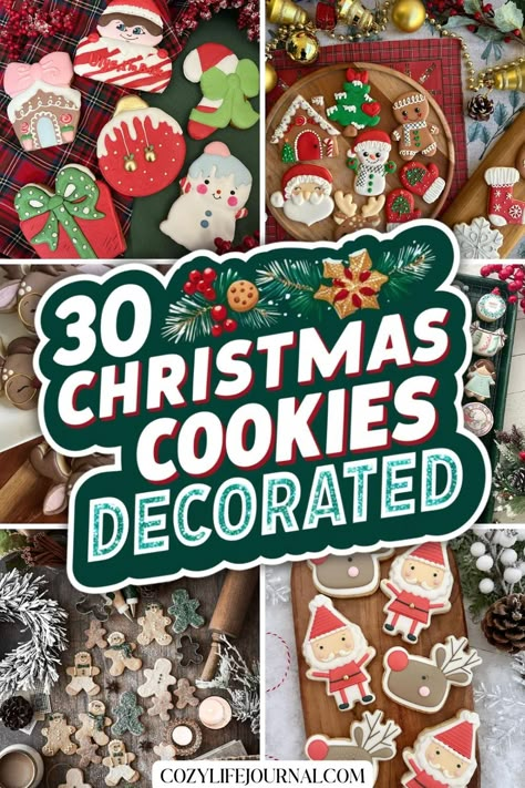 30 decorated Christmas cookies in various festive shapes and designs. Mrs Claus Decorated Cookies, Christmas Present Decorated Cookies, Grinch Sugar Cookies Royal Icing, Decorated Stocking Cookies, Christmas Cookie Stencils Royal Icing, Pink And Green Cookies, Christmas Reindeer Cookies Decorated, Mini Decorated Christmas Cookies, Beautiful Christmas Cookies Decorated