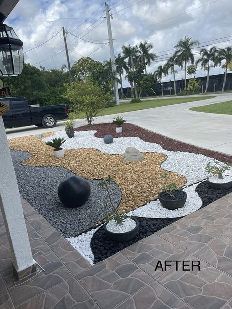 Black Lava Rock Landscape, Rockbed Landscaping Ideas, Landscape Design With Rocks, Rock Designs Landscape, Grass Garden Landscaping, Backyard Stone Patio Ideas, Rock Scape, Front Landscaping Design, Pebble Landscaping