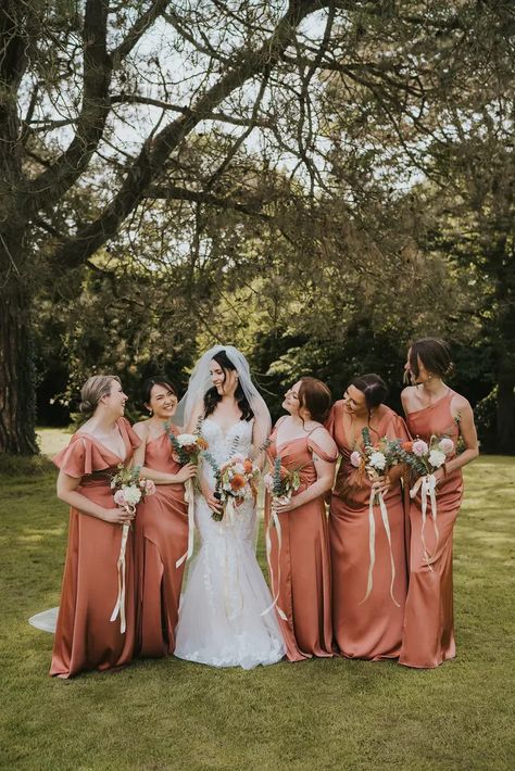 Romantic Pennard House Wedding with Peach Bridesmaid Dresses with mismatched dress necklines Peach Color Bridesmaid Dresses, Peach Colour Palette, Dress Necklines, Heart Shaped Wedding Cakes, Blue Bridesmaid Dresses Short, Peach Color Palettes, Peach Bridesmaid, Peach Bridesmaid Dresses, Indian Bridesmaid Dresses