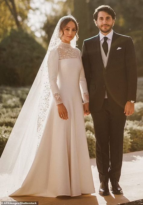 Princess Iman of Jordan is dazzling in Dior wedding gown as she marries to New York based financier  | Daily Mail Online Dior Wedding Gown, Princess Iman Of Jordan, Dior Wedding Dresses, Dior Wedding, Princess Iman, Dior Gown, Modest Bride, Simple Wedding Gowns, Bride Dress Simple