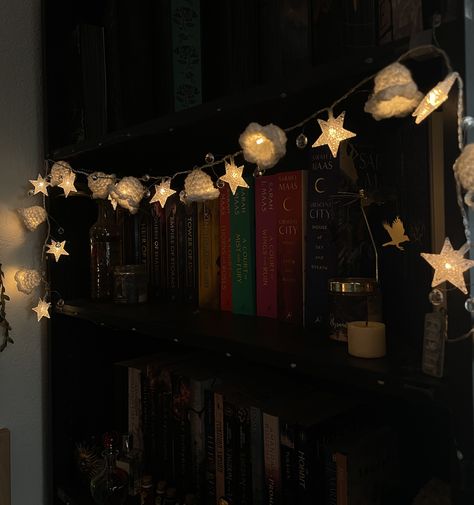 Fairy Lights On Shelves, Crochet Bookshelf Decor, Fairy Lights Bookshelf, Grunge Bookshelf, Crochet String Lights, Bookworm Aesthetic Room, Room Crochet Decor, Crochet Fairy Lights, Bedroom With Bookshelves