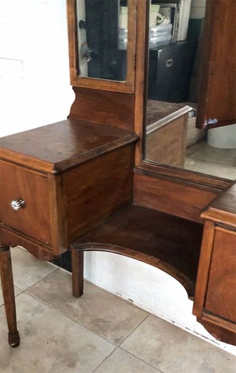 This antique or vintage makeup vanity got a makeover. It started off with a repair of the peeling veneer. Then it got a coat of pink chalk paint, a glaze to antique it a little, and then a pretty cherry blossom stencil and some new glass knobs. This refinished dressing table is now a lovely, feminine accent piece. #paintedvanity #refinishedvanity #dressingtable Antique Makeup Vanity, Cherry Blossom Stencil, Vintage Makeup Vanity, Refinished Vanity, Antique Makeup Vanities, Chalk Paint Brands, Antique Makeup, Vintage Makeup Vanities, Feminine Dressing