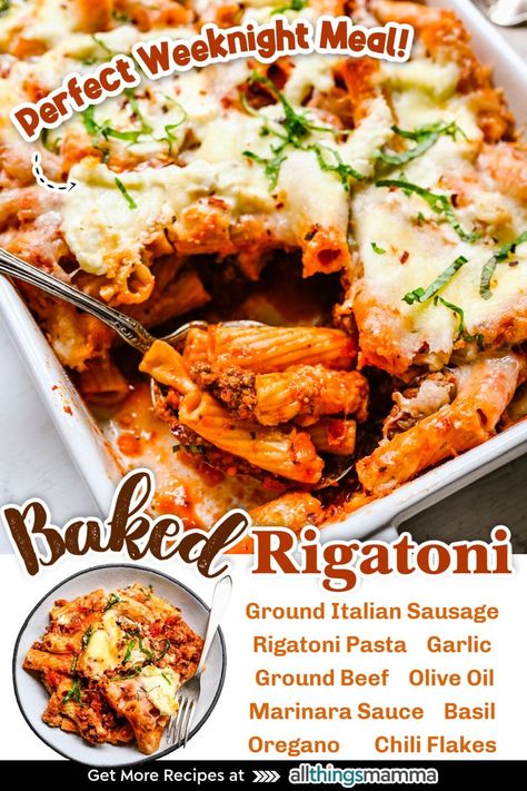 Baked Rigatoni served in a casserole dish. serving of Baked Rigatoni on a plate. ingredients to make Baked Rigatoni Ground Beef And Italian Sausage, Tube Pasta, Sausage Rigatoni, Baked Pasta Dishes, Rigatoni Recipes, Cannelloni Recipes, Baked Rigatoni, Mozzarella Pasta, Ground Beef Pasta