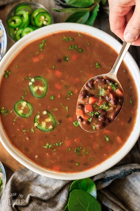 Our Panera black bean soup copycat recipe tastes like theirs, only better.  It's an easy and healthy soup you can make for dinner with pantry staples.  This soup is vegan and gluten free, and is so delicious, you'll want a second bowl! Panera Black Bean Soup, Cabbage Wedges, Roasted Cabbage Wedges, Black Bean Soup Recipe, Copycat Panera, Pepper Salad, Dried Black Beans, Roasted Cabbage, Fall Soup Recipes