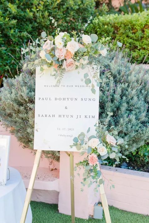 Wedding welcome sign flowers. Pastel Wedding Welcome Sign, Welcome Sign Flowers Wedding, Welcome Sign Wedding Flowers, Welcome Sign Florals, Wedding Welcome Sign Flowers, Deconstructed Arch, Welcome Sign Flowers, Wedding Flower Arrangements Table, La Valencia Hotel