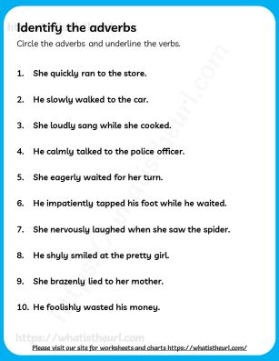 Identify the Adverbs - Grade 2 - Your Home Teacher Adverbs Worksheet For Grade 1, Adverb Activities 4th Grade, Adverb Worksheets For Grade 2, Adverbs Worksheet Grade 3, Adverb Sentences, Adverbs Sentences, Adverb Activities, Adverbial Phrases, Verbs For Kids