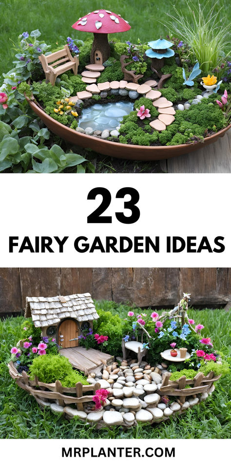 Collection of 23 Fairy Garden Ideas for backyard decoration Ferry Garden Ideas, Upcycled Fairy Garden, Fairy Gardens Ideas, Mini Garden Design, Dollar Store Garden Ideas, Backyard Fairy Garden, Fairy Garden Theme, Fantasy Woods, Enchanting Backyard