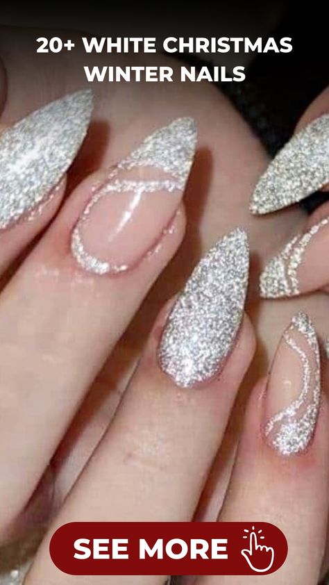 Get noticed this holiday season with our stunning white nail designs that are perfect for all your Christmas celebrations! From a timeless white French manicure to a sparkly white glitter look, our skilled technicians can create the perfect festive nail art for you. Make a statement at any event and be the center of attention with your beautifully adorned nails. Schedule your appointment now and get ready to dazzle everyone with your holiday glamour! New Year Nails Sparkly, Glittery Winter Nails, Christmas Sparkly Nails, White Sparkle Nails Glitter, White With Silver Glitter Nails, Almond White Nails Design, Frosty White Nails, White Glitter Christmas Nails, Glittery White Nails