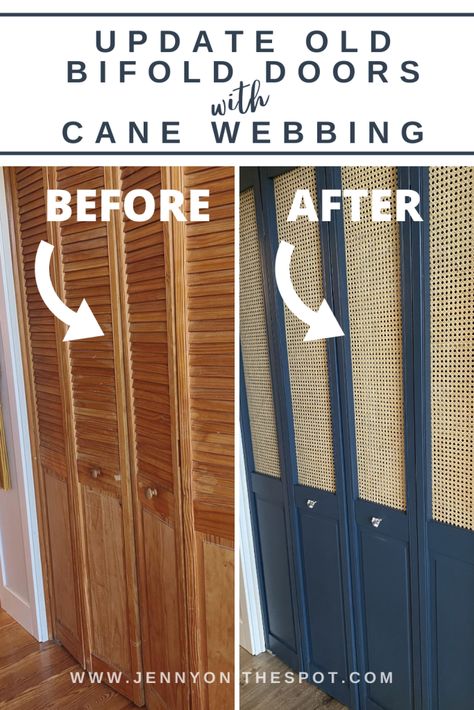 Louvered Bifold Doors, Bifold Doors Makeover, Louvre Doors, Diy Closet Doors, Closet Door Makeover, Cane Webbing, Bifold Closet Doors, Diy Closet, Boho Room