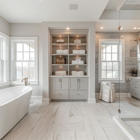 Bathroom With Built In Storage, Closet In Bathroom Master, Bathroom Linen Cabinet Built In, Built In Shelves Bathroom, Master Remodel, Large Bathroom, Bathing Beauty, Master Bath Remodel, Custom Bathroom