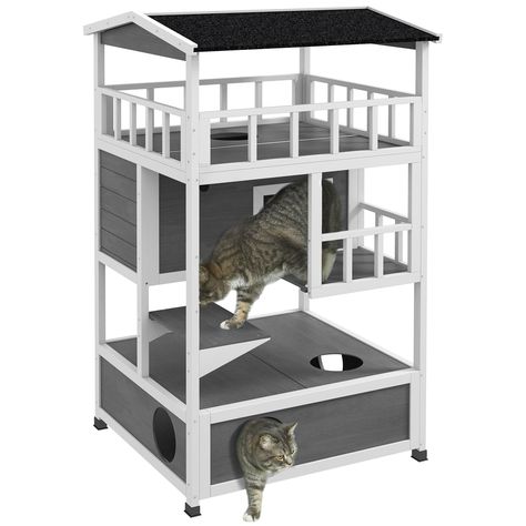 PRICES MAY VARY. Fun Ways to Play: This outdoor cat house has escape doors, jump platforms, and floor holes that provide fun for cats. It has a lot of room and a private area for relaxation time. Outdoor & Indoor: The cat house & condos features an asphalt eave and raised floor, so if you use it outside and it rains, the water won't damage the base. Easy to Maintain: The removable middle board makes it easy for you to place a cat litter box and clean it. The hole design of the cat house for indo Outside Cat House, Feral Cat Shelter, Feral Cat House, Raised Floor, Wooden Cat House, Feral Cat, Outdoor Shelters, Outdoor Cat House, Asphalt Roof