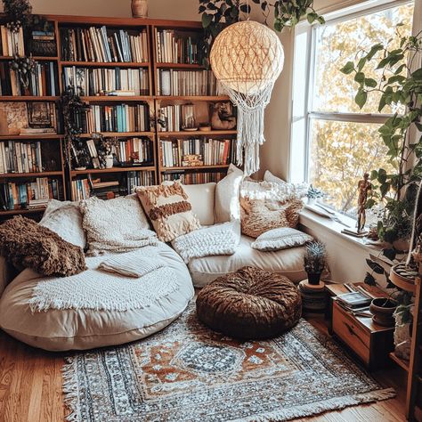 16 Cozy Reading Room Designs You’ll Love | How to Make Them Your Own Modern Boho Library Room, Book Lover Living Room, Cosy Reading Area, Cozy Living Room Bookshelves, Reading Corner By Fireplace, Fireplace Reading Area, Reading Lounge Room, Gaming And Reading Room, Bean Bag Reading Corner