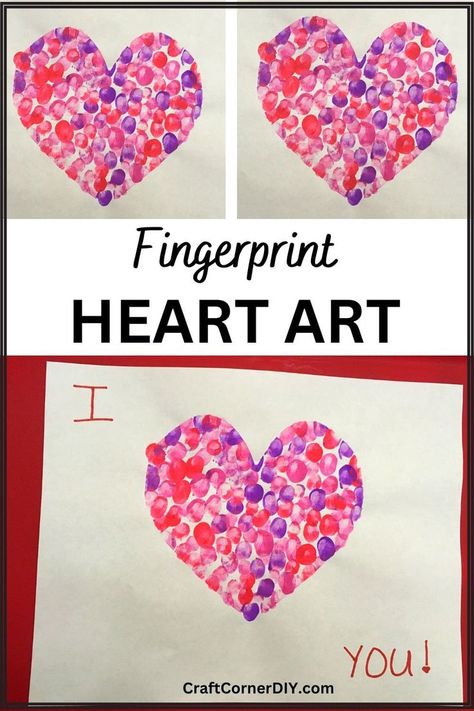 Picture of fingerprint heart art. Easy Craft For Kids, Art Craft For Kids, Fingerprint Heart, Valentines Art For Kids, Fingerprint Crafts, Heart Art Painting, Finger Painting For Kids, Valentine's Day Kids, Mothers Day Cards Craft