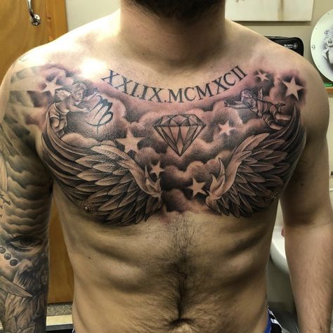 Wings Chest Tattoo Men, Men Chest Tattoo Ideas Unique, Cool Chest Tattoos For Guys, Chest Tattoo Sketches For Men, Chest Tattoo Men Ideas Full, Mens Chest Tattoos Ideas Design, Men’s Chest Tattoos, Full Chest Tattoo Men, Chest Tattoo Men Ideas Black Man