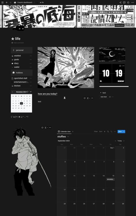 ☆ notion black manga dashboard notiontok ✒️ Work Aesthetic Black And White, Goth Notion Template, Grunge Notion, Notion Desktop, Notion Organization, Notion Templates For Students, Notion Layout, Google Site Templates, Free Notion Templates