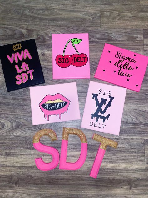 Stitch Letters Sorority, Big Little Door Decorations, Pink Sorority Canvas, New Member Educator Sorority Ideas, Big Little Room Decorations, Theta Painting, Sorority Painting Canvases, Big Little Canvas Sorority, Big Little Paintings